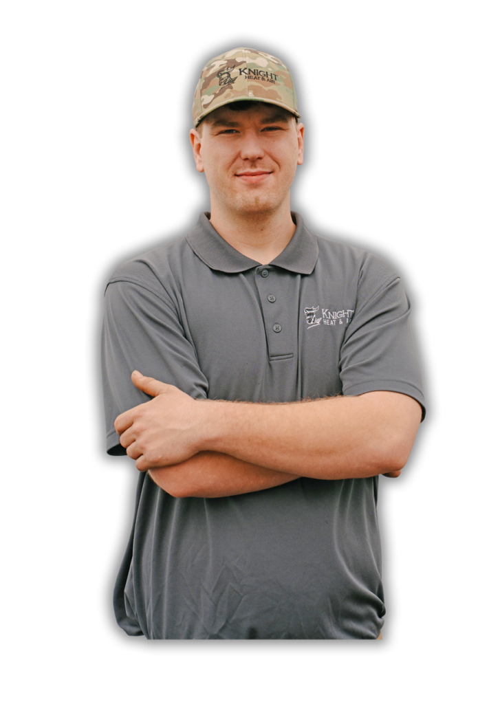 A person wearing a camouflage cap and a gray polo shirt with the logo "Knight" stands with arms crossed. The background is black.