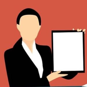 Illustration of a faceless person in a black suit and white shirt, holding a blank piece of paper in a frame against an orange background. The scene evokes an intriguing sense of mystery, minus any distracting details or embellishments.